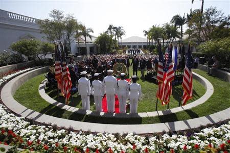 A wreath is laid on honor of Former President Richard Nixon during the 40th anniversary of the homecoming of Vietnam POWs at Richard Nixon Presidential Library and Museum in Yorba Linda, California May 23, 2013. REUTERS/Mario Anzuoni