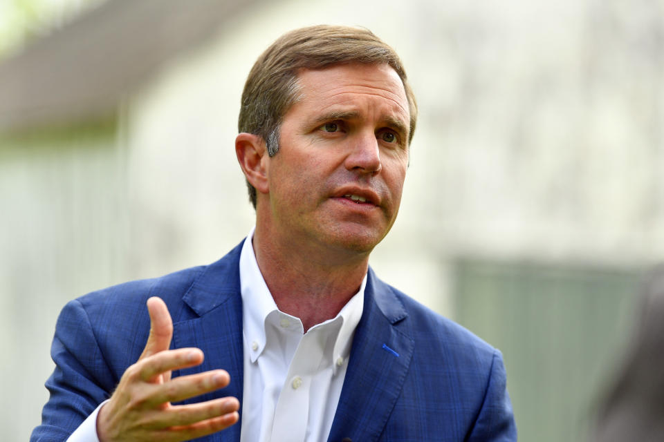 Kentucky Governor Andy Beshear sits for an interview in Versailles, Ky., Wednesday, May 17, 2023. Beshear won the Democratic primary for Governor, and will face Republican Attorney General Daniel Cameron in the fall. (AP Photo/Timothy D. Easley)