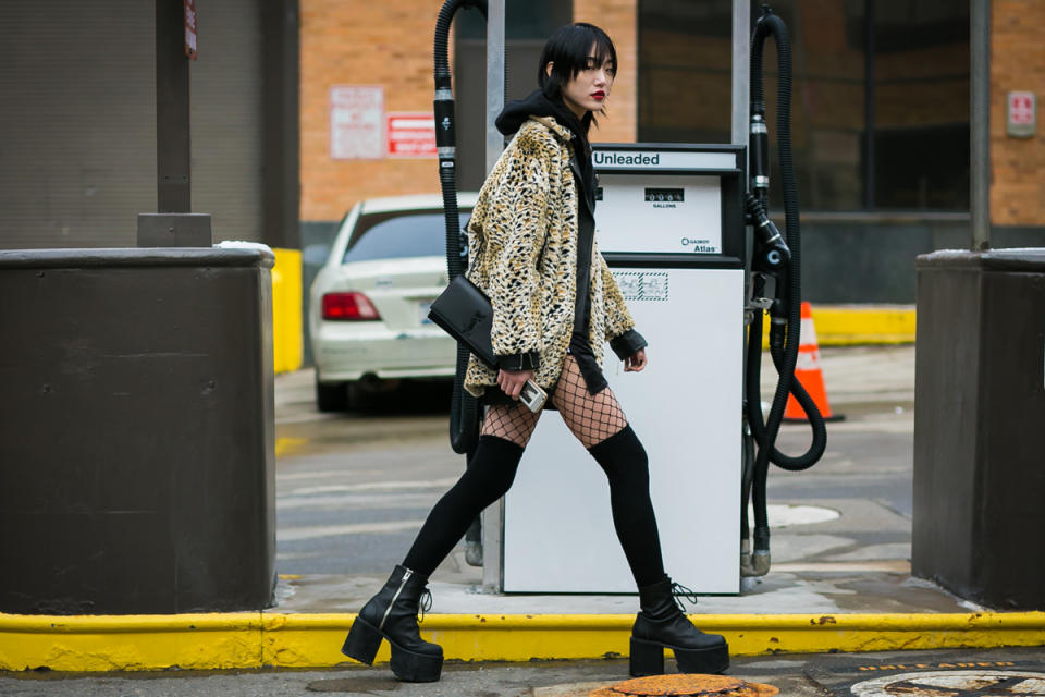 Sora Choi layers up her legwear at New York Fashion Week.