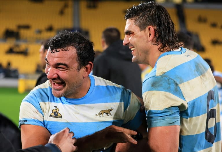 Argentinian Agustin Creevy (left) scored the decisive try to secure a 38-30 victory over New Zealand (Grant Down) last Saturday in Wellington.