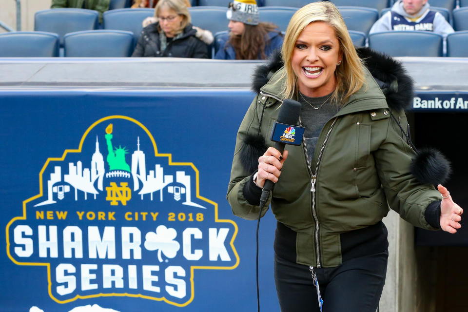 Nov 17, 2018; New York, NY, USA; NBC sportscaster Kathryn Tappen on the field prior to the game between the Notre Dame Fighting Irish and the Syracuse Orange at Yankee Stadium. Mandatory Credit: Rich Barnes-USA TODAY Sports