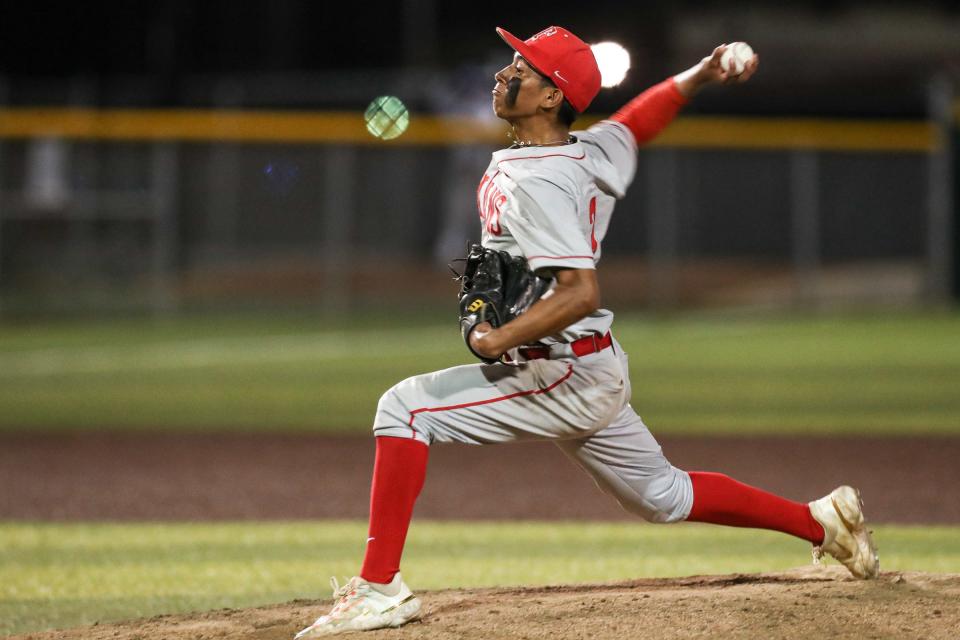 Lucas Tinajero pitches for Ray during the game Friday, May 18, 2023, at Cabaniss Baseball Field in Corpus Christi, Texas. 