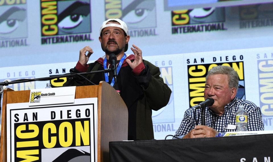 Kevin Smith (left) introduces William Shatner as a guest star on his upcoming "Masters of the Universe: Revolution" animated series.