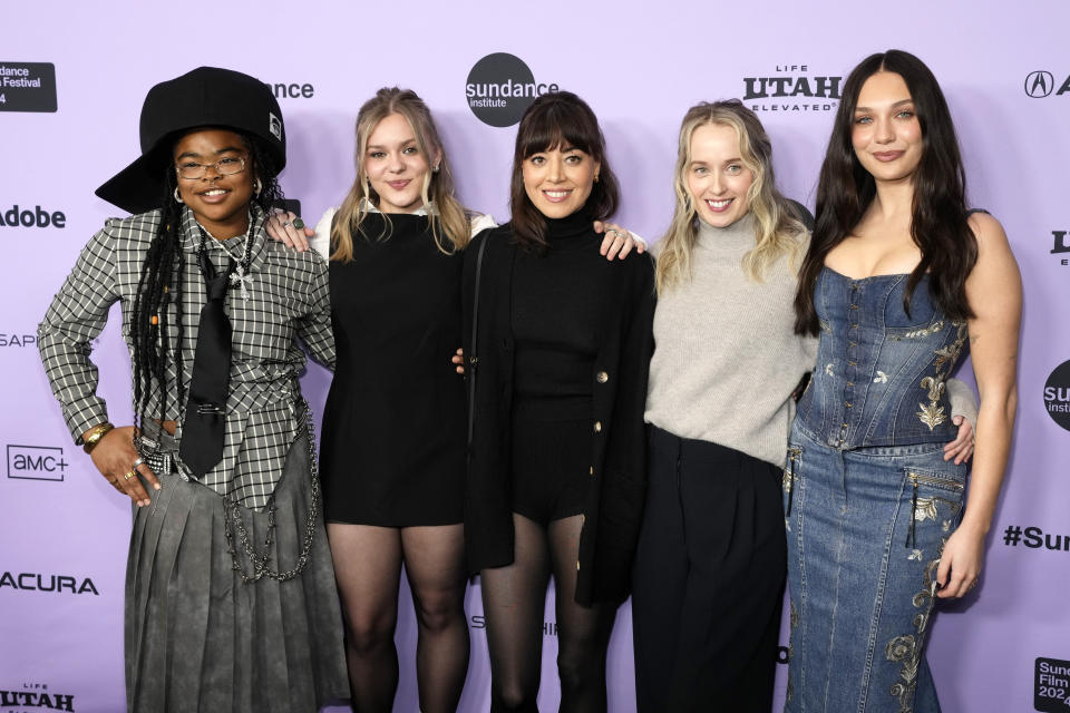 Kerrice Brooks, from left, Maisy Stella, Aubrey Plaza, Megan Park and Maddie Ziegler attend the premiere of "My Old Ass" at the Eccles Theatre during the Sundance Film Festival on Saturday, Jan. 20, 2024, in Park City, Utah. (Photo by Charles Sykes/Invision/AP)