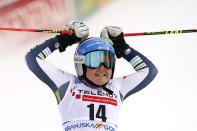 Slovenia's Meta Hrovat reacts after completing an alpine ski, women's World Cup giant slalom, in Kranjska Gora, Slovenia, Sunday, Jan. 17, 2021. (AP Photo/Giovanni Auletta)