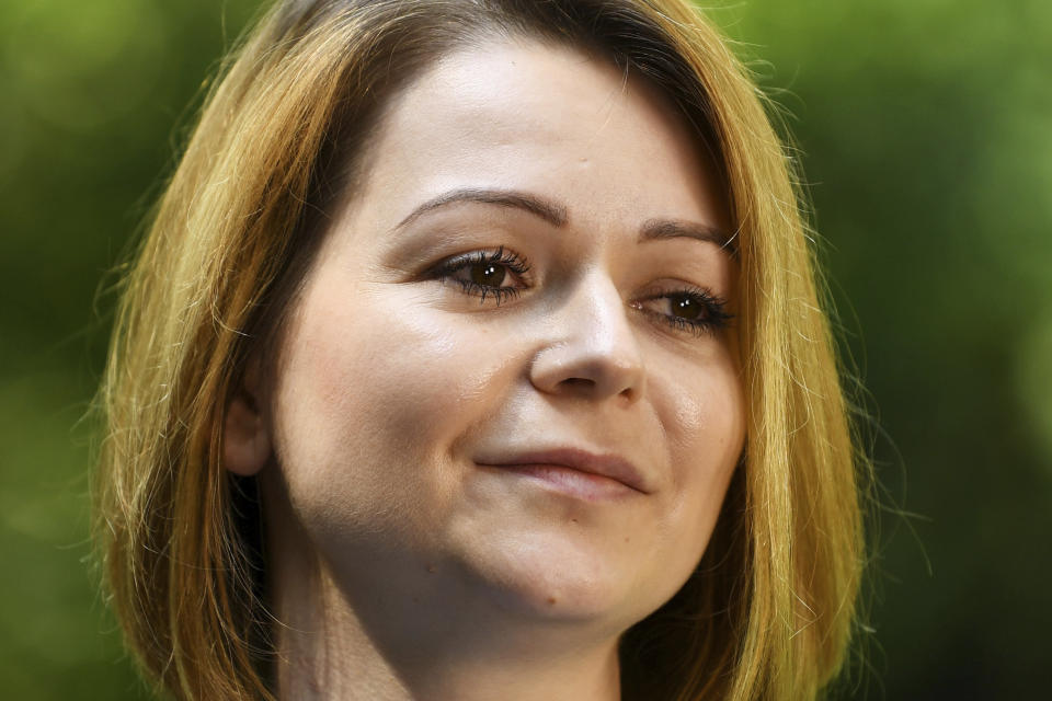 FILE - Yulia Skripal poses during an interview in London, on Wednesday, May 23, 2018. She and her father, Sergei Skripal, were found slumped on a bench in Salisbury, England, in March 2018. Sergei Skripal lived there after being released from prison in Russia in a spy swap. British investigators said they had been poisoned with a Russian-developed nerve agent and blamed Moscow for the attack. Moscow denied the allegations. (Dylan Martinez/Pool via AP, File)