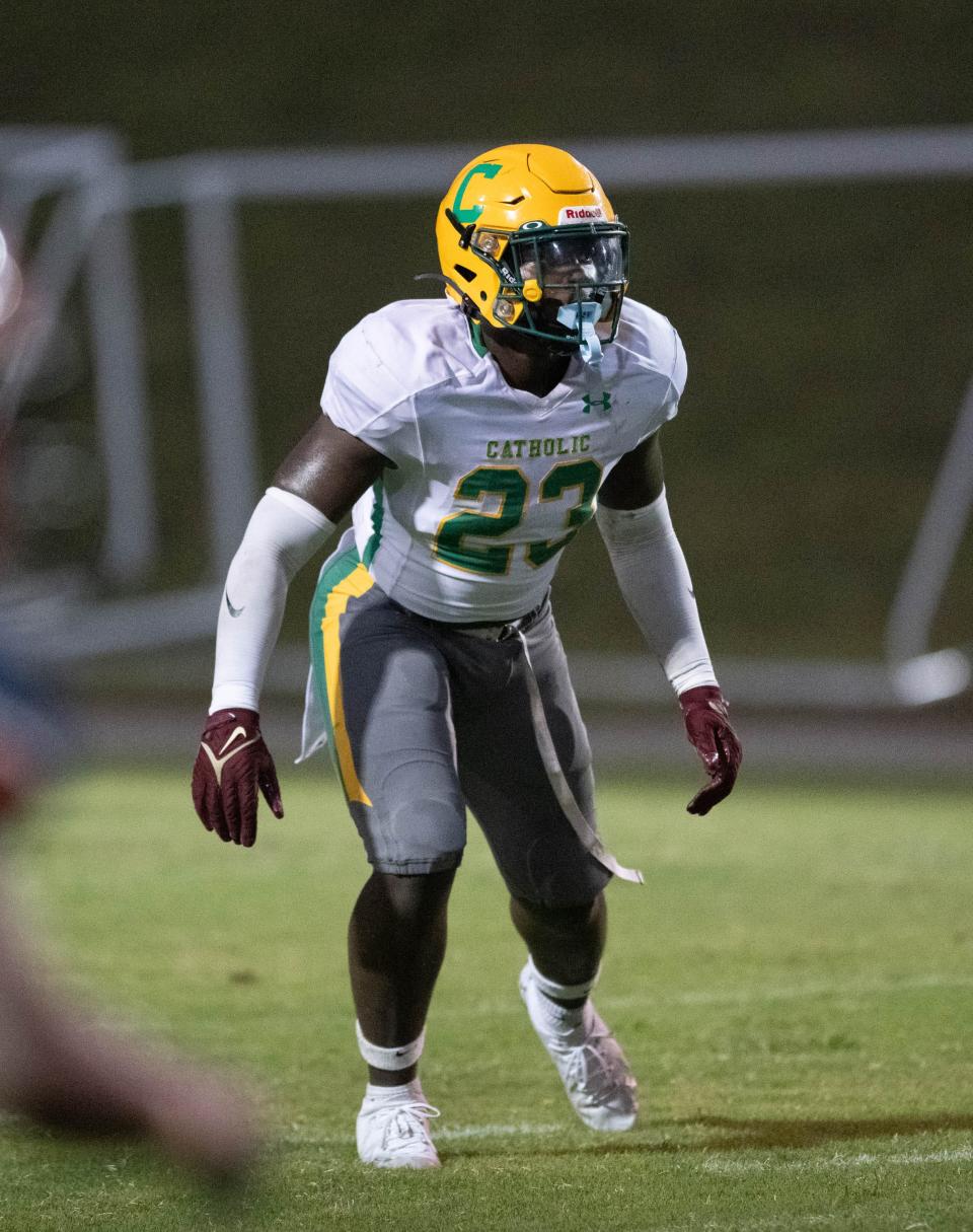 Nigel Nelson (23) follows the play during the Pensacola Catholic vs Escambia football game at Escambia High School in Pensacola on Friday, Sept. 1, 2023.