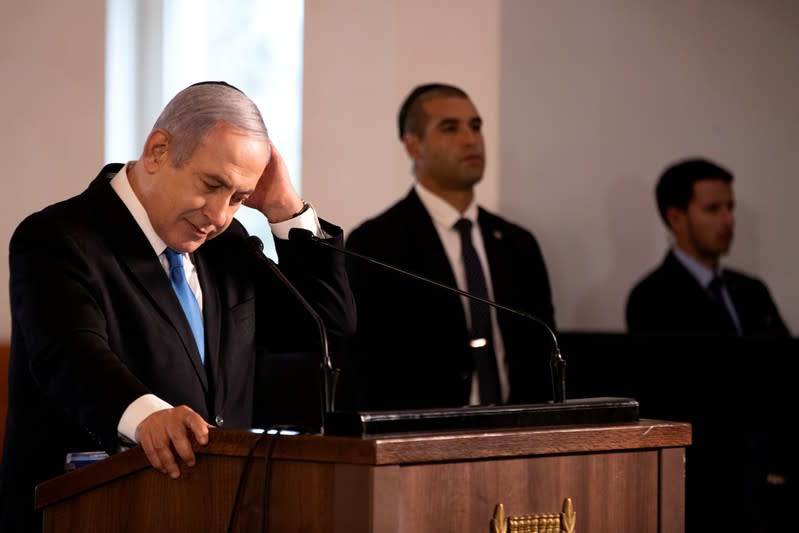 Israeli Prime Minister Benjamin Netanyahu speaks during a memorial ceremony held at the supreme court honouring former Supreme Court president Meir Shamgar who died on Saturday in Jerusalem