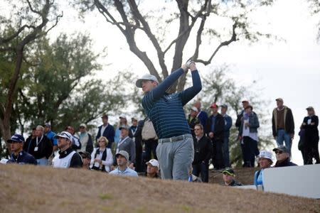 Jan 22, 2017; La Quinta, CA, USA; Hudson Swafford tees off on the second hole during the final round of the CareerBuilder Challenge at PGA West - Stadium Course. Mandatory Credit: Joe Camporeale-USA TODAY Sports