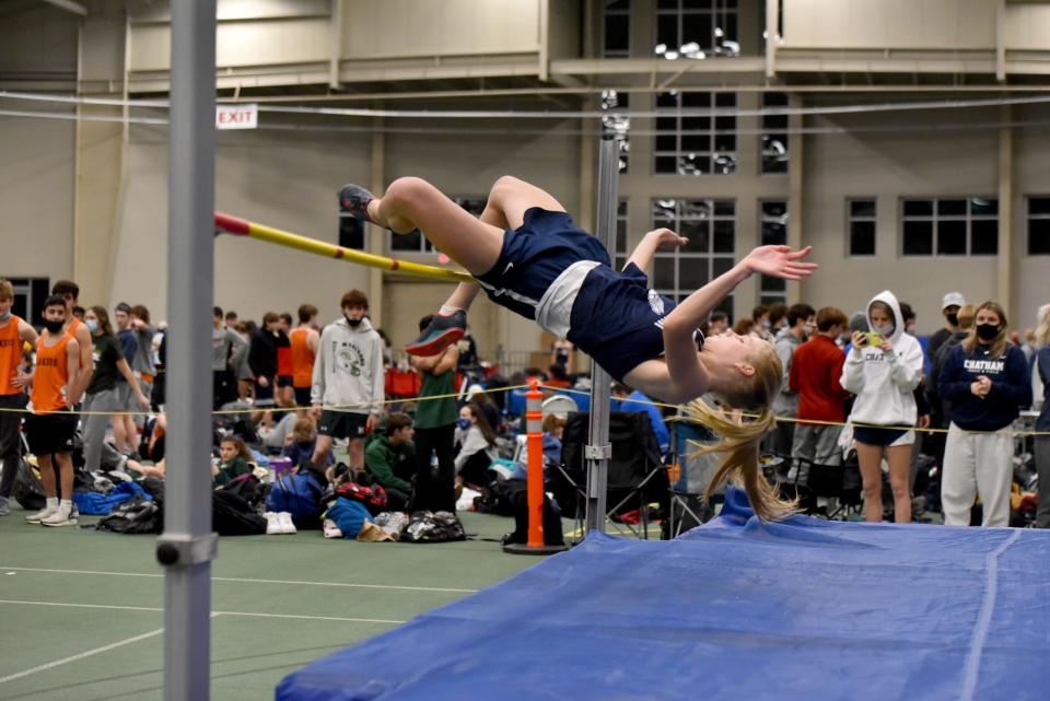 The Morris County Track & Field Championships are held at Drew University on January 18, 2022. Elsa Spoor of Chatham High School places first in the high jump.