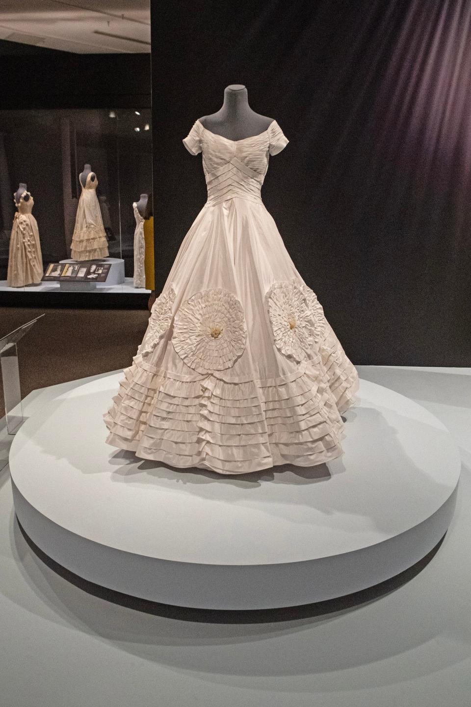 A replica of Ann Lowe's wedding dress worn by Jacqueline Bouvier in her wedding to John F. Kennedy is featured during a preview of the "Ann Lowe: American Couturier" exhibition at the Winterthur Museum, Garden and Library near Centreville on Wednesday, Aug. 30, 2023. The exhibit features 40 gowns and runs from Sept. 9 to Jan. 7, 2024.