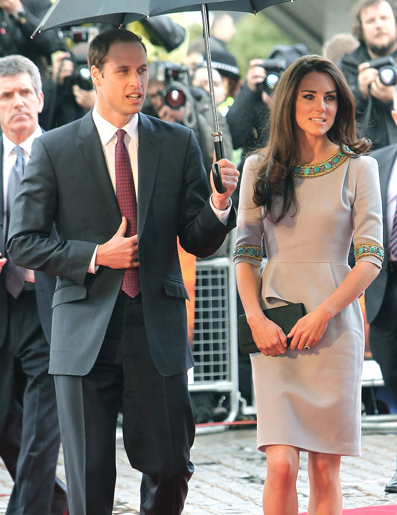 <p class="MsoNormal">Prince William and wife Kate Middleton haven’t made any public appearances together since January, but when the two decided to step out on Wednesday in London for the premiere of the film “African Cats," they got caught in the rain. (It is London, after all!) Luckily, Duchess Catherine has a very chivalrous husband willing to hold an umbrella for her! (4/25/2012)</p>