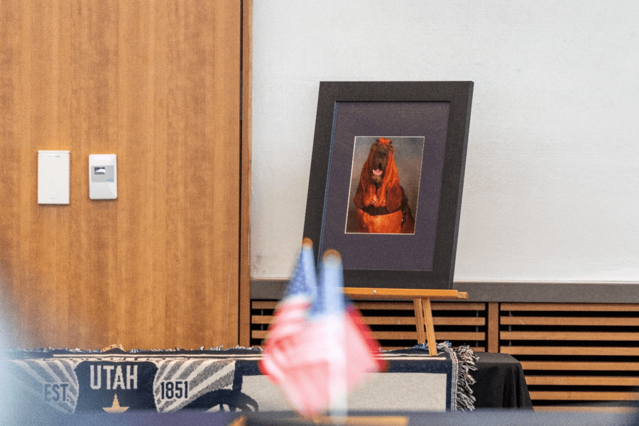 A photo of memorial decorations including a picture of K9 Bruce (SLCPD photo – April 17, 2024).