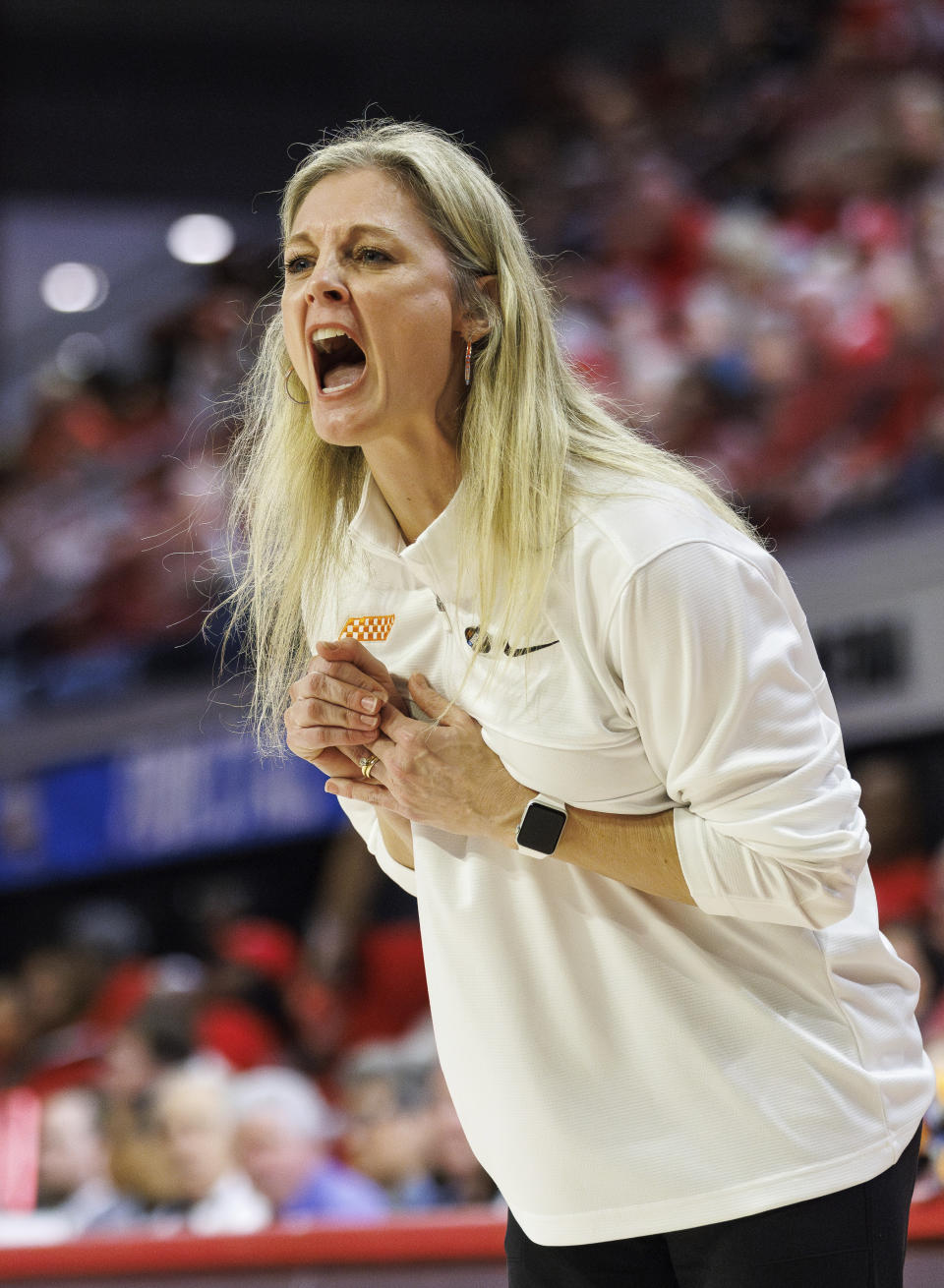 Tennessee head coach Kellie Harper shouts towards the court during a first-round college basketball game against Green Bay in the NCAA Tournament in Raleigh, N.C., Saturday, March 23, 2024. (AP Photo/Ben McKeown)