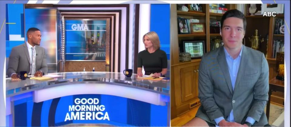 ABC correspondant Will Reeve appeared on 'Good Morning America' wearing shorts on Tuesday morning. Due to stay-at-home measures, Reeve was reporting live from his home. 