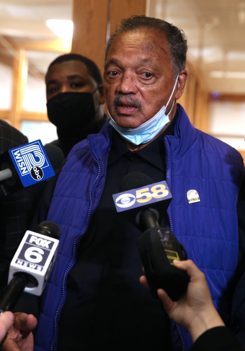 Rev. Jesse Jackson of Operation Rainbow PUSH, speaks about his meeting with Mayor Tom Barrett  where he and local ministers held a rally at Milwaukee City Hall to demand an immediate moratorium on the city’s demand for churches to pay taxes under a threat of foreclosure on Tuesday,  Nov. 30, 2021. Also in attendance for the rally were clergy from the Church of God in Christ, MICAH, Pastors United and Souls to the Polls.