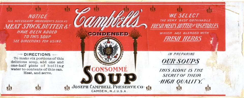 First classic red label of Campbell Soup made in Camden when the business was first called Joseph Campell Preserve Co.