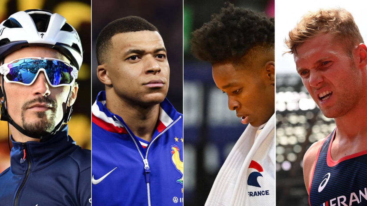 À quatre mois des Jeux olympiques de Paris 2024, plusieurs têtes d’affiche du sport français ne sont pas sûres de pouvoir prendre part à l’événement, à l’image de Julian Alaphilippe, Kylian Mbappé, Audrey Tcheuméo et Kévin Mayer (de gauche à droite).