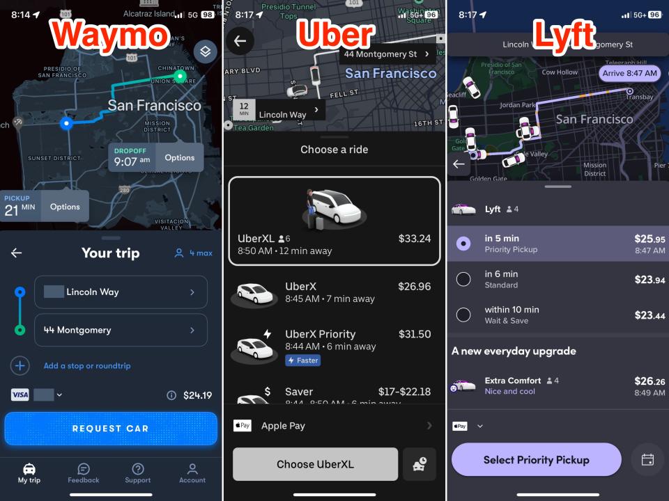 Screenshots show prices of Waymo, Uber, and Lyft for rides to the same location.