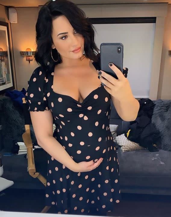 Demi Lovato: mom to be? The singer and actress is getting into her latest role on “Will and Grace” as expectant mom Jenny, as seen in her fake baby bump selfie on Nov. 20, 2019. “Real or fake? #WillandGrace #MeetJenny,” Lovato captioned her on-set selfie on Wednesday.