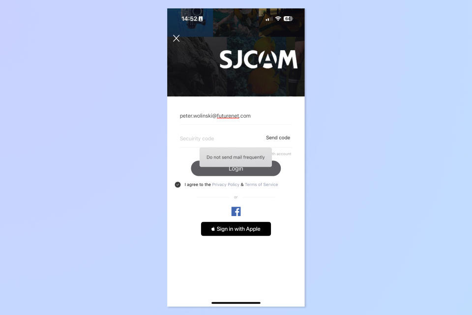 A screenshot of the SJCAM App login page, showing a warning message.