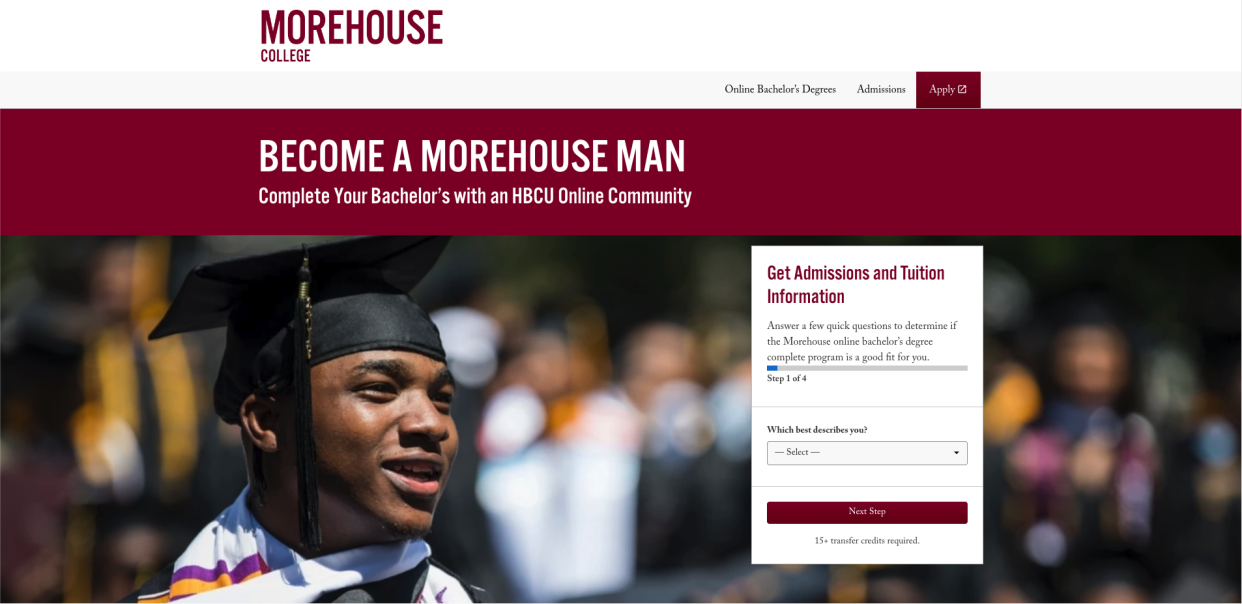 The online landing page for Morehouse Online, shown here, attracts prospective students with the promise of becoming a "Morehouse Man."