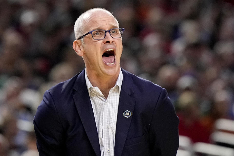 Connecticut head coach Dan Hurley yells during the first half of the men's national championship college basketball game against San Diego State in the NCAA Tournament on Monday, April 3, 2023, in Houston. (AP Photo/Brynn Anderson)