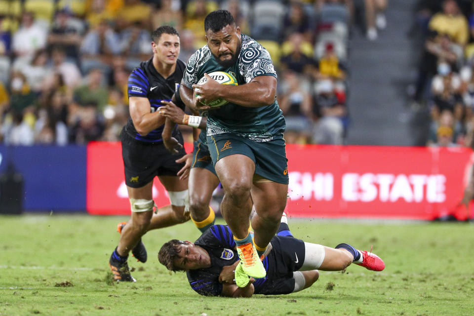 Australia's Taniela Tupou makes a run during the Rugby Championship test match between the Pumas and the Wallabies in Townsville, Australia, Saturday, Sept. 25, 2021. (AP Photo/Tertius Pickard)