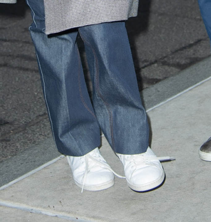 Detail of Amal Clooney’s shoes as she arrives at her New York hotel on April 26, 2022. - Credit: WavyPeter / SplashNews.com