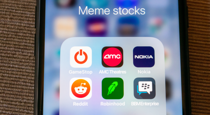 Several meme stocks apps on a smartphone.