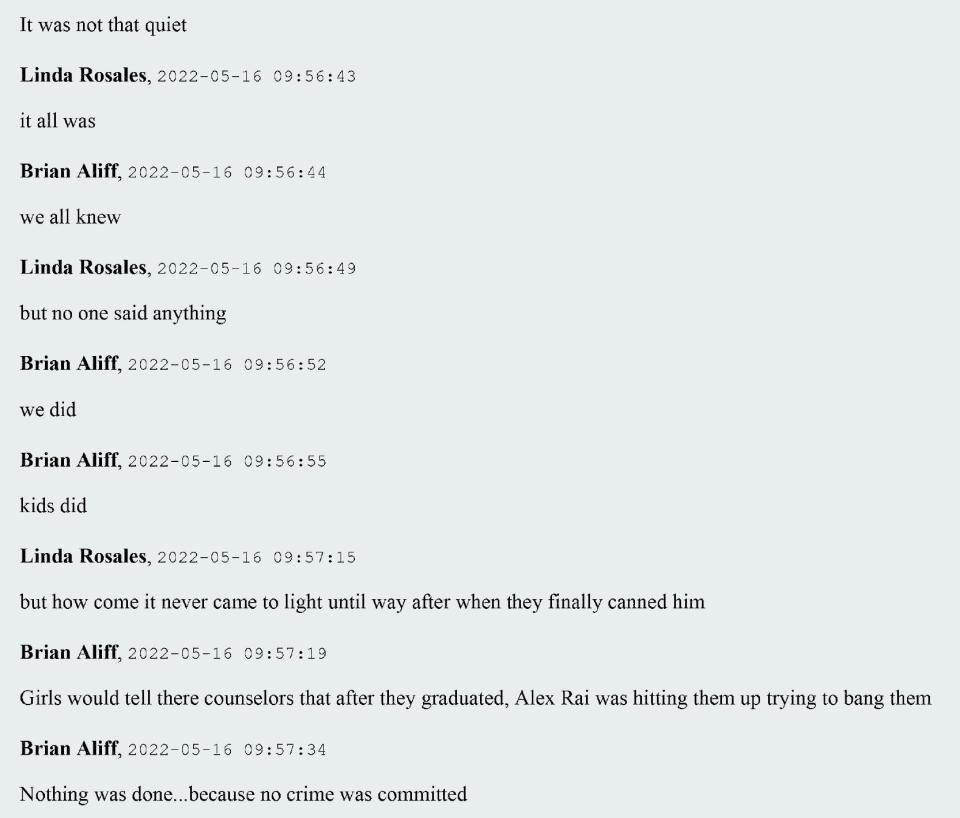 Direct messages from Brian Aliff that reads in part “Girls would tell their counselors that after they graduated, Alex Rai was hitting them up trying to bang them. Nothing was done.”