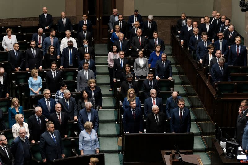 Law and Justice (PiS) leader Jaroslaw Kaczynski and other parliamentarians attend the Polish Parliament session in Warsaw