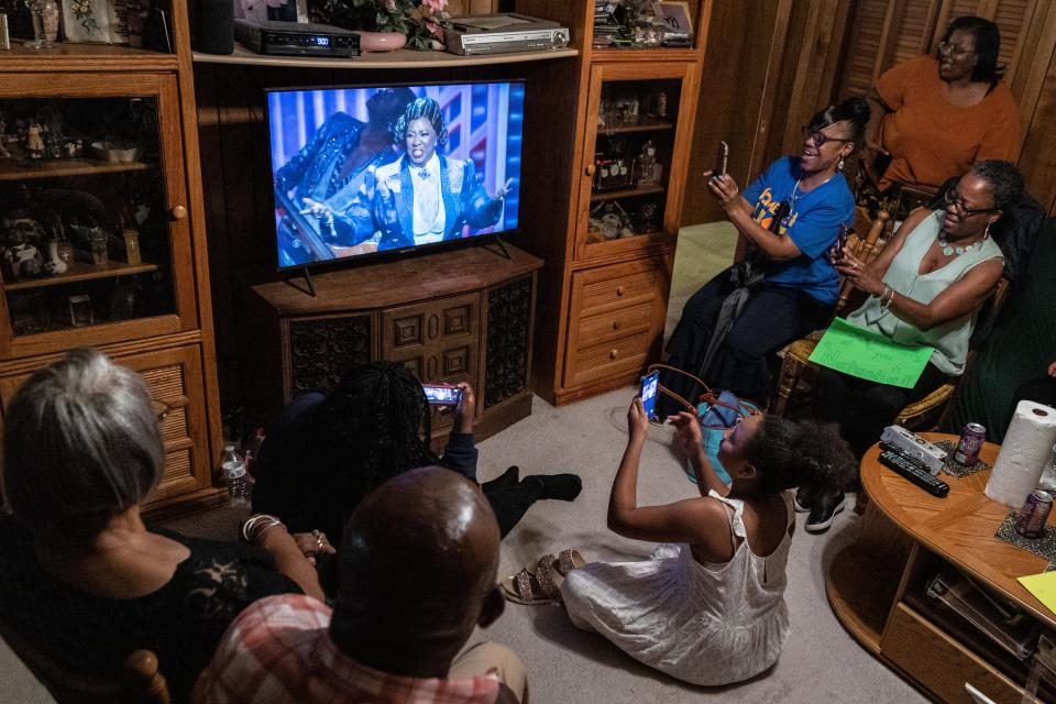 Friends and family of Broadway star NaTasha Yvette Williams watch as she appears at the Tony Awards television broadcast on Sunday, June 11, 2023. The viewing party was in the home of David Williams, NaTasha's father, in the Baywood area near Fayetteville.