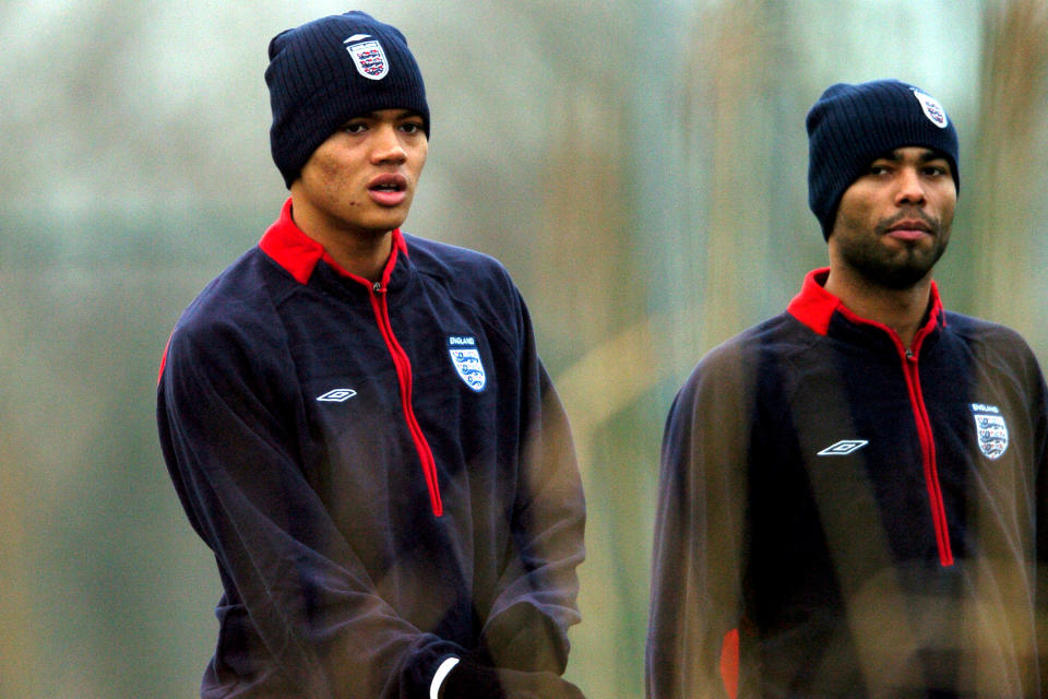 England's Jermaine Jenas (l) and Ashley Cole (r) during the training session (Photo by John Walton - PA Images via Getty Images)
