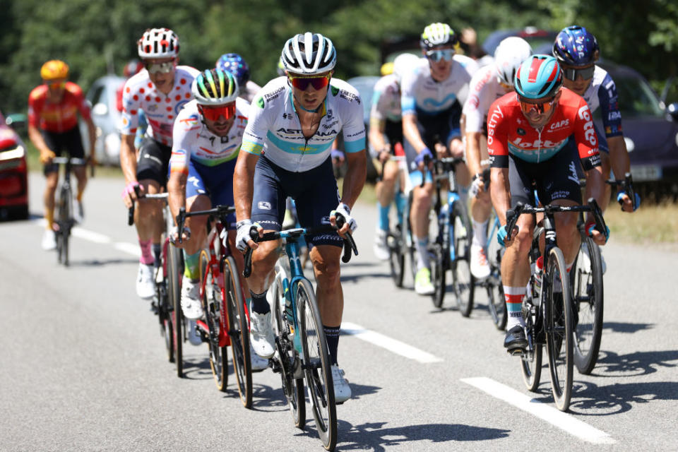 PUY DE DME FRANCE  JULY 09 LR Alexey Lutsenko of Kazakhstan and Astana Qazaqstan Team and Victor Campenaerts of Belgium and Team Lotto Dstny compete in the breakaway during the stage nine of the 110th Tour de France 2023 a 1824km stage from SaintLonarddeNoblat to Puy de Dme 1412m  UCIWT  on July 09 2023 in Puy de Dme France Photo by Michael SteeleGetty Images