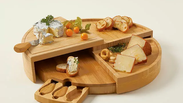 a wooden table with food on it