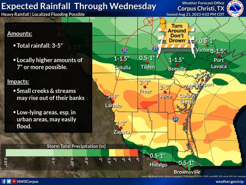 Rainfall estimates were provided by the National Weather Service on Monday afternoon.