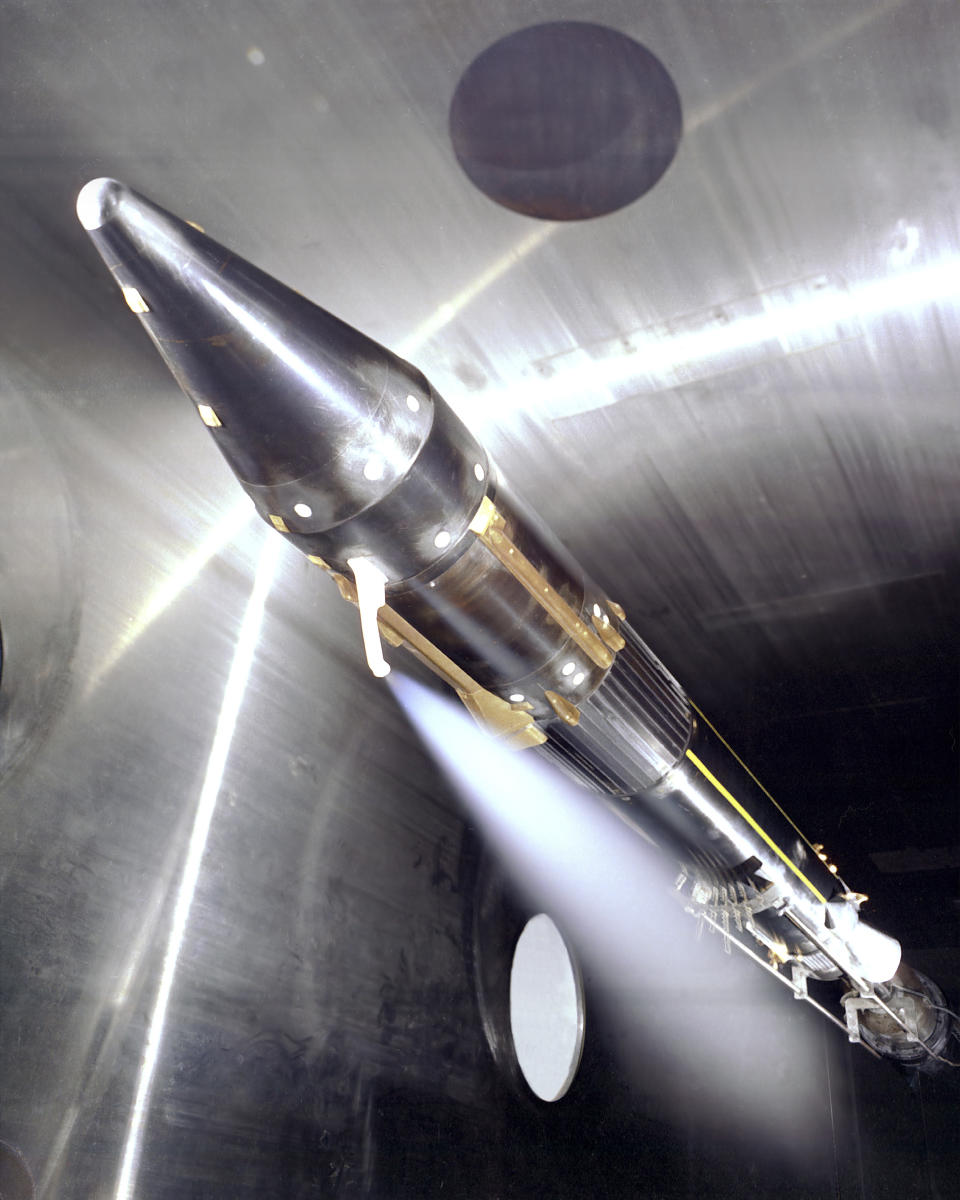 Vent flowing cryogenic fuel and T/C Rake mounted on a 1/10 scale model Centaur in the l0 x l0 Foot Supersonic Wind Tunnel. The fuel being used is liquid hydrogen. The point of the test is to determine how far to expel venting fuel from the rocket body to prevent explosion at the base of the vehicle. This vent is used as a safety valve for the fumes created when loading the fuel tanks during launch preparation. Liquid hydrogen has to be kept at a very low temperature. As it heats, it turns to gas and increases pressure in the tank. It therefore has to be vented overboard while the rocket sits on the pad.