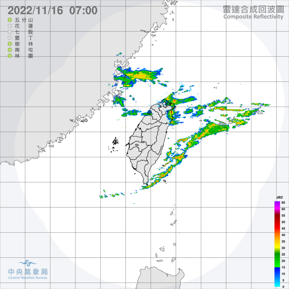 今天全台水氣增加，不只宜蘭要小心大雨特報，東北部地區也恐有局部大雨，而基隆北海岸、東部、東南部地區也有局部較大雨勢發生的機率。   圖：中央氣象局提供