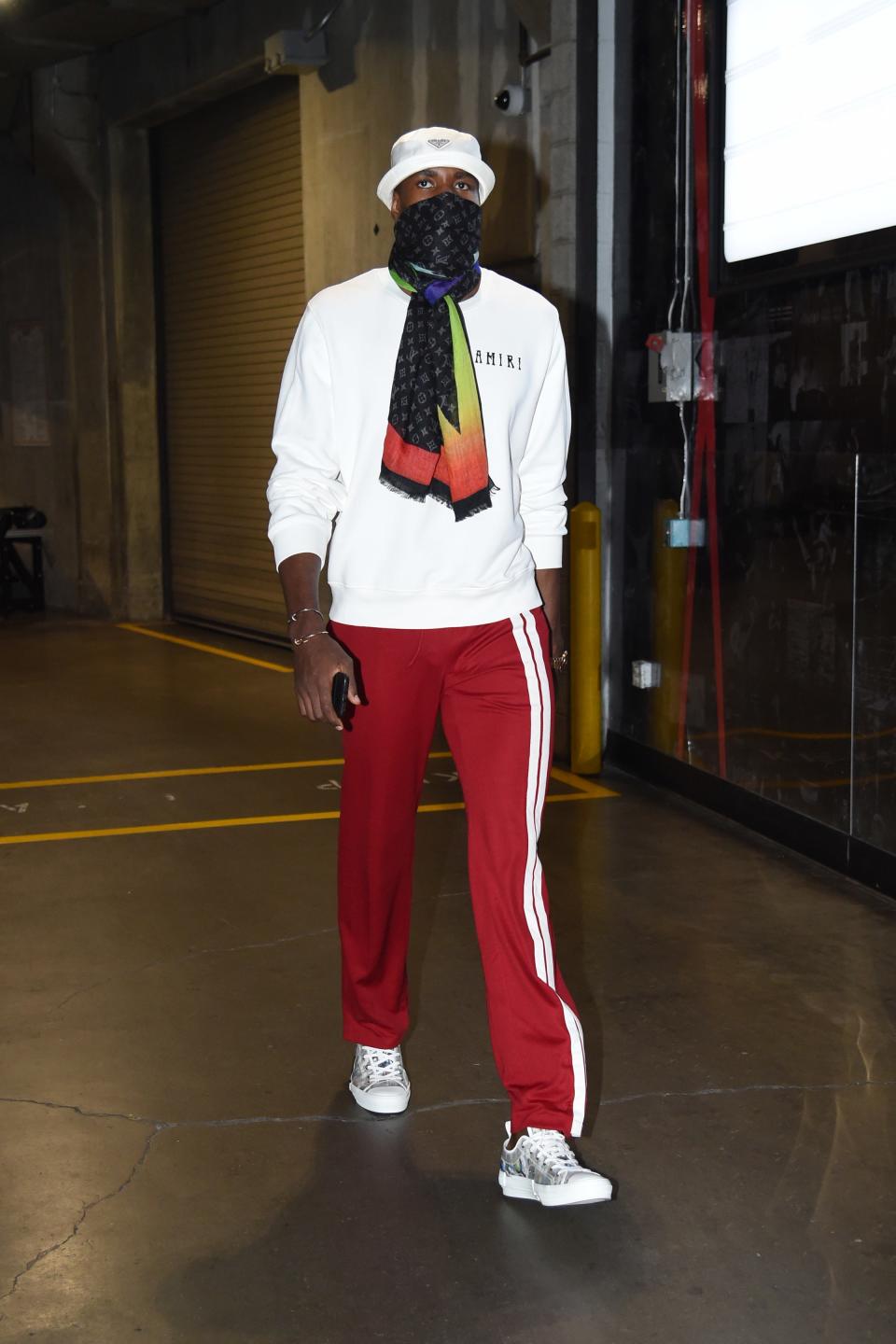 Serge Ibaka arrives for a game in Los Angeles, February 15, 2021.