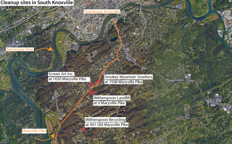 This map shows EPA Superfund sites in South Knoxville. Satellite image credits: Google Earth