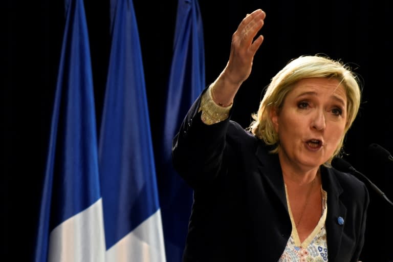 French presidential election candidate for the far-right Front National (FN) party, Marine Le Pen speaks during a public rally on February 24, 2017 in Pierrelatte