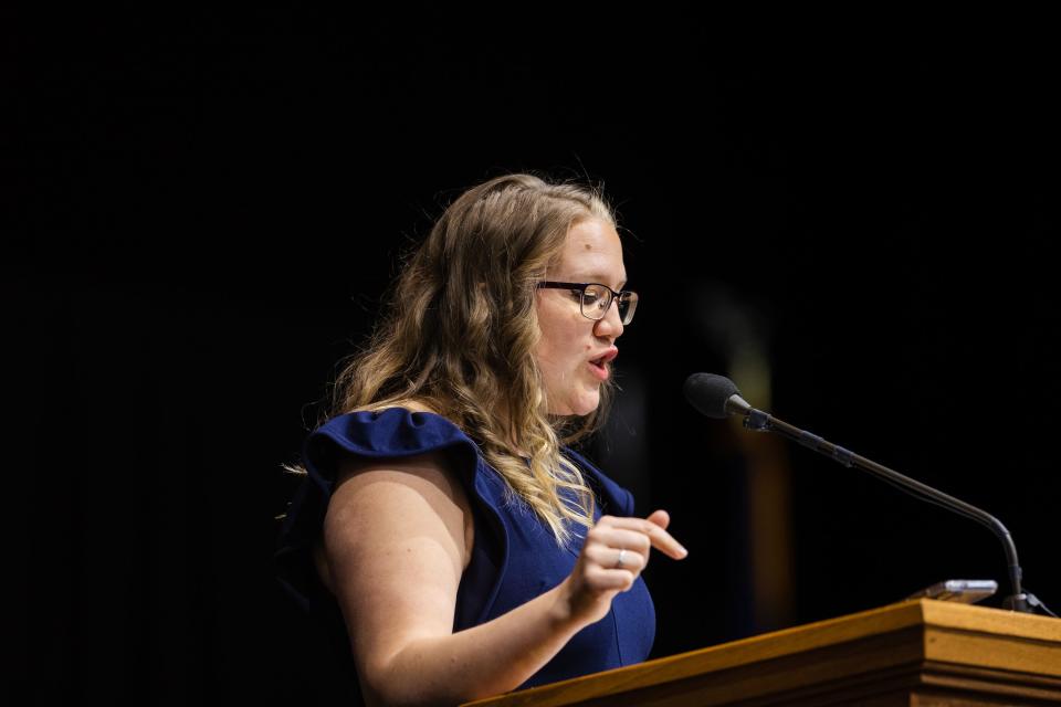 Utah Republican State Party secretary candidate Olivia Dawn speaks during the Utah Republican Party Organizing Convention at Utah Valley University in Orem on April 22, 2023. | Ryan Sun, Deseret News