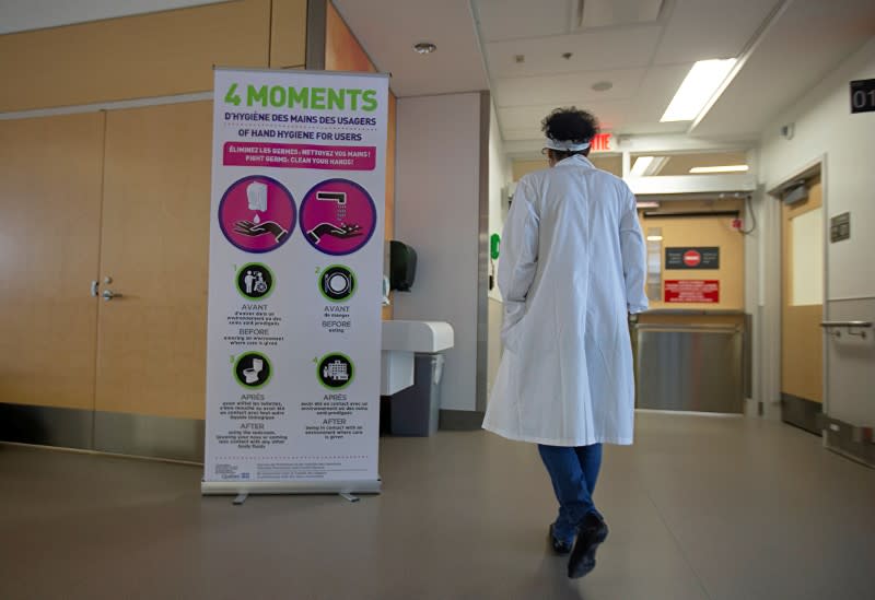 FILE PHOTO: Sign for washing hands is seen during a news media tour of quarantine facilities for treating novel coronavirus at Jewish General Hospital in Montreal