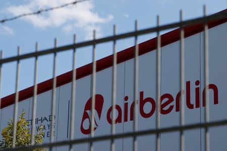 FILE PHOTO - An Air Berlin sign is seen at an Air Berlin storage hall in Berlin, Germany, August 15, 2017. REUTERS/Axel Schmidt/File Photo