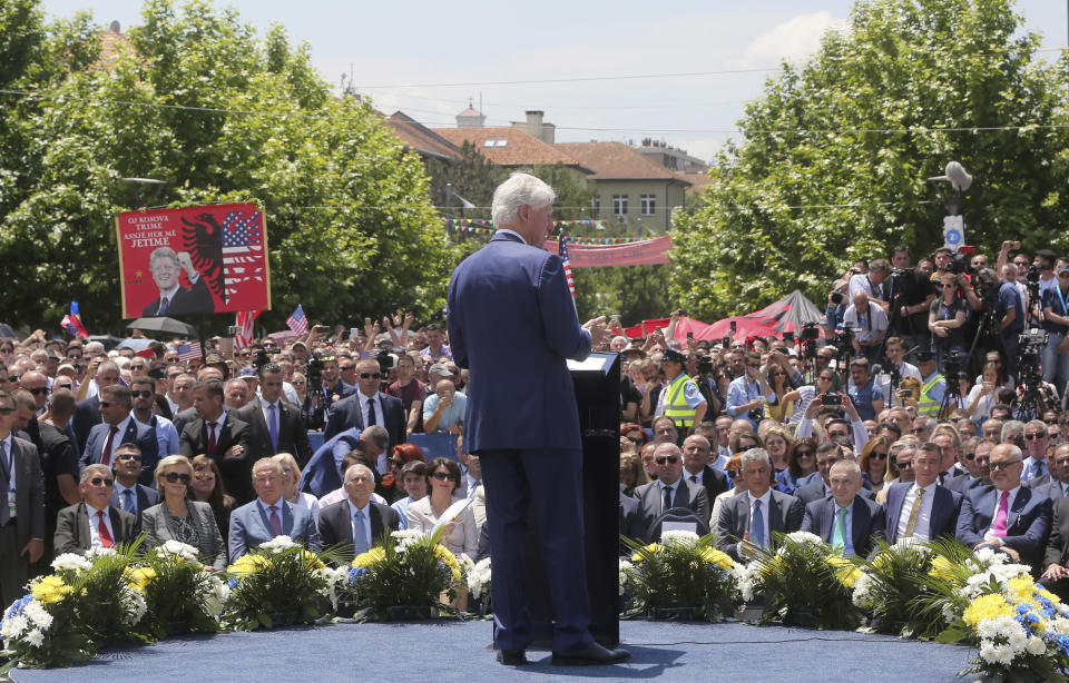 Former U.S. President Bill Clinton speaks during anniversary celebrations in the capital Pristina, Kosovo, Wednesday, June 12, 2019. It’s exactly 20 years since NATO forces set foot in the former Yugoslav province, after an allied bombing campaign ended Serbia’s bloody crackdown on an insurrection by the majority ethnic Albanian population in Kosovo _ revered by Serbs as their historic and religious heartland. (AP Photo/Visar Kryeziu)