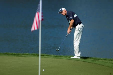 Jim Furyk putts on the seventeenth green during the final round of the Wells Fargo Championship at Quail Hollow Club. USA TODAY Sports