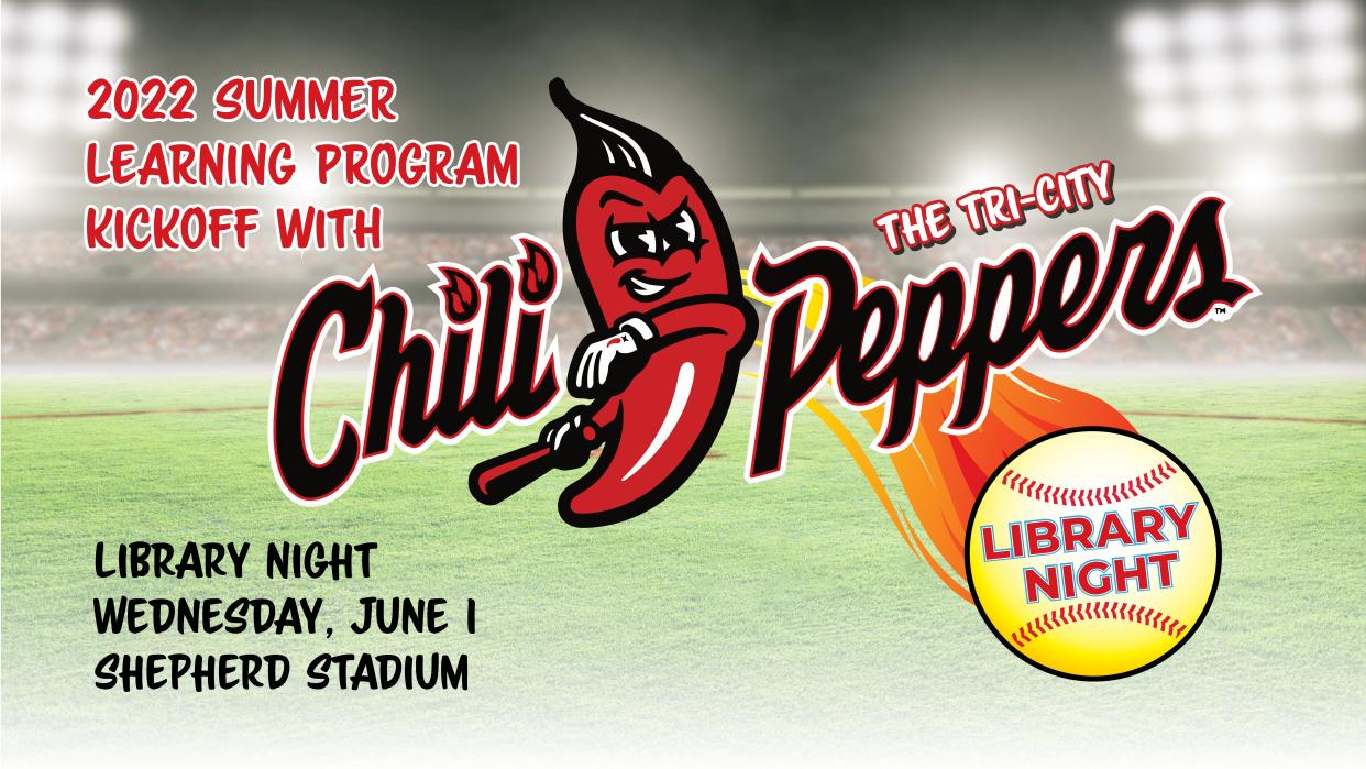 Chesterfield County Public Library 2022 Summer Learning Program kickoff with the Tri-City Chili Peppers: Library Night on June 1 at Shepherd Stadium in Colonial Heights.