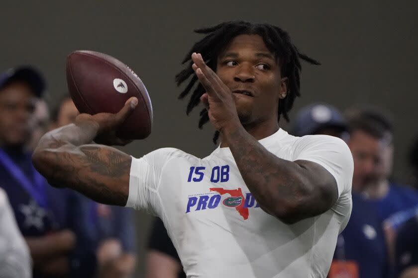 Florida quarterback Anthony Richardson throws a pass during an NFL football Pro Day.