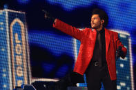 <p>TAMPA, FLORIDA - FEBRUARY 07: The Weeknd performs during the Pepsi Super Bowl LV Halftime Show at Raymond James Stadium on February 07, 2021 in Tampa, Florida. (Photo by Mike Ehrmann/Getty Images)</p> 